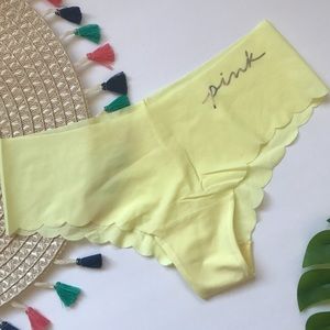 Victoria’s Secret PINK No Show Cheekster Panty Yellow w Silver Logo Script NEW